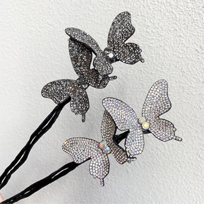 FASHION MANIA 2Pcs Rhinestone Hair Bun maker Butterfly Deft Easy Bun Twister Elegant Hair Curler(Black+Silver) - Image 5